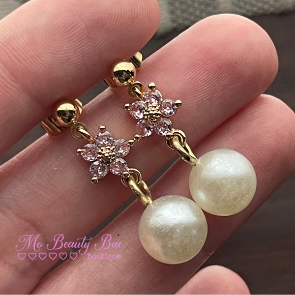 Pink Crystal Pearl Stud Earrings - Picture 1 of 5